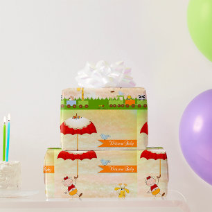 Papel De Presente Comboio chá de fraldas com animais e guarda-chuva