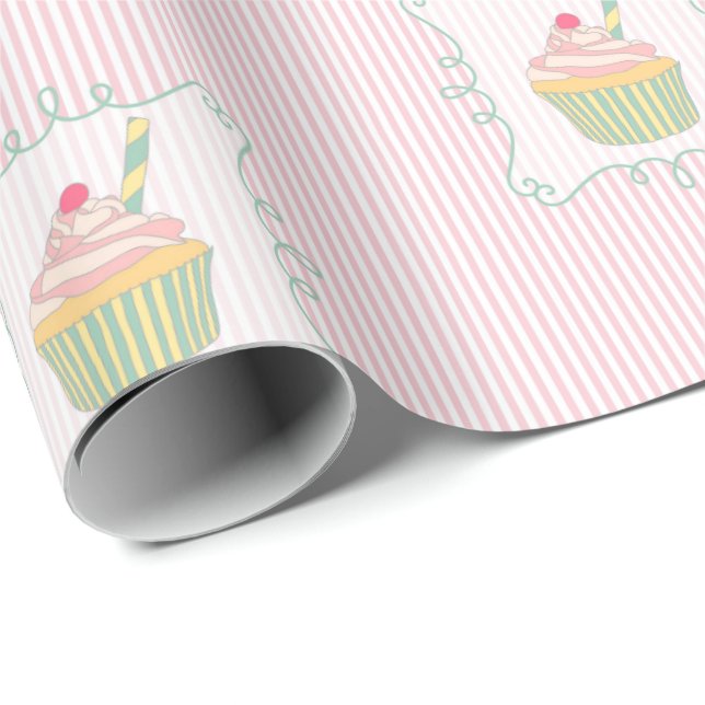 Papel De Presente Comestível com cupcake e tiras rosadas (Ponta do rolo)