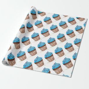 Papel De Presente Comida Azul de cupcake Aniversário Baker Aquarela