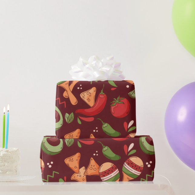 Papel De Presente Comida Mexicana Vermelha e Verde (Presentes para festas)