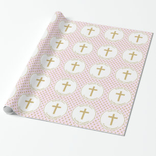 Papel De Presente Communion Pink com Bolinhas Douradas