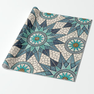 Papel De Presente Compasso Mosaico Índigo Turquesa – Vidro Fosco