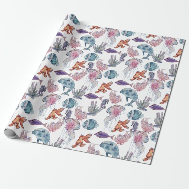 Papel De Presente Composição Subaquática em Aquarela Série Design 2 (Desenrolado)