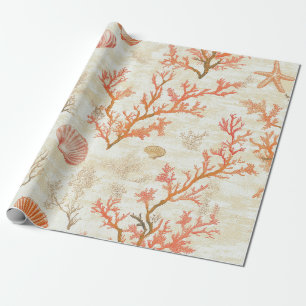 Papel De Presente Concha de Oceano Vintage Coral Estrela-do-Mar Bege