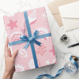 Papel De Presente Conchas de Mar e Coral Rosa Pastel em Padrão Contí