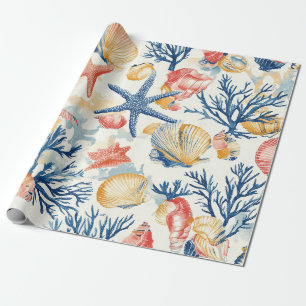 Papel De Presente Conchas de Oceano Pastel com Raminhos de Coral Del