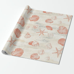 Papel De Presente Conchas de Praia Vintage com Coral e Estrela do Ma