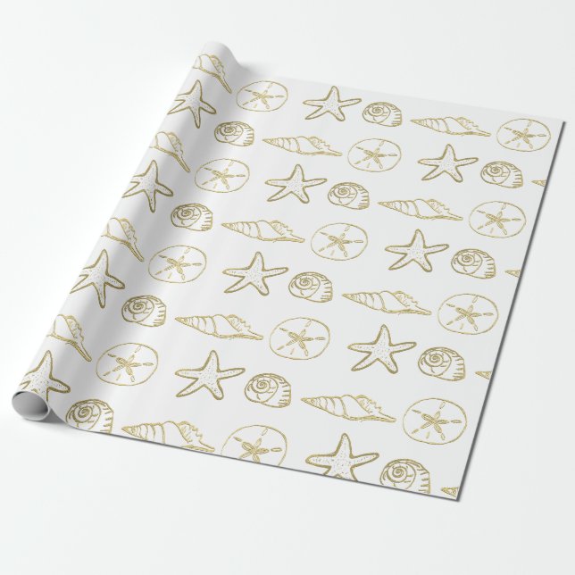 Papel De Presente Conchas do Mar Olhar Folha de Ouro Chic Praia Eleg (Desenrolado)