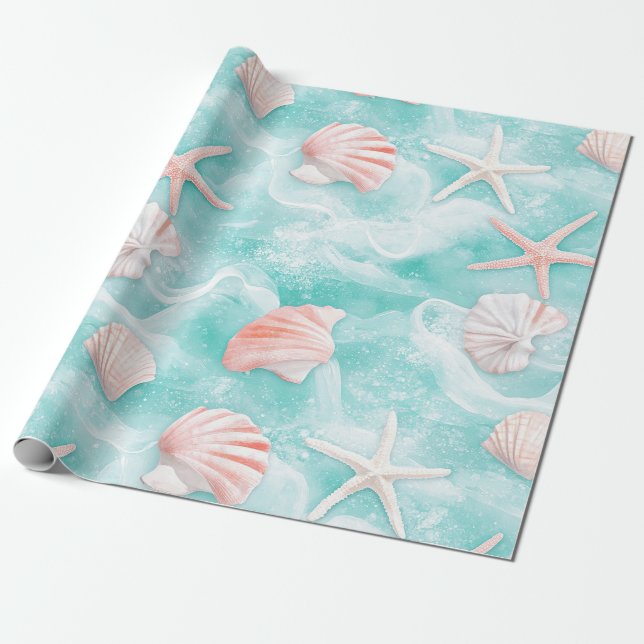 Papel De Presente Conchas e Ondas do Oceano Padrão (1) (Desenrolado)