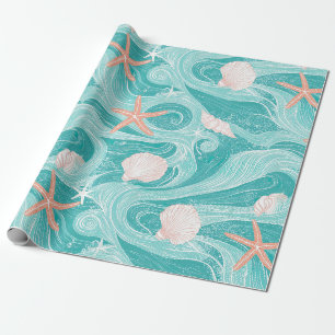 Papel De Presente Conchas e Ondas do Oceano Padrão (13)
