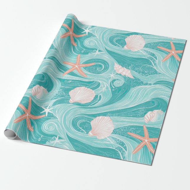Papel De Presente Conchas e Ondas do Oceano Padrão (13) (Desenrolado)