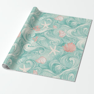 Papel De Presente Conchas e Ondas do Oceano Padrão (3)