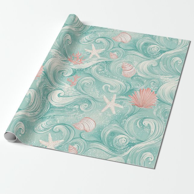 Papel De Presente Conchas e Ondas do Oceano Padrão (3) (Desenrolado)