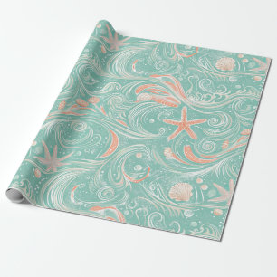 Papel De Presente Conchas e Ondas do Oceano Padrão (4)