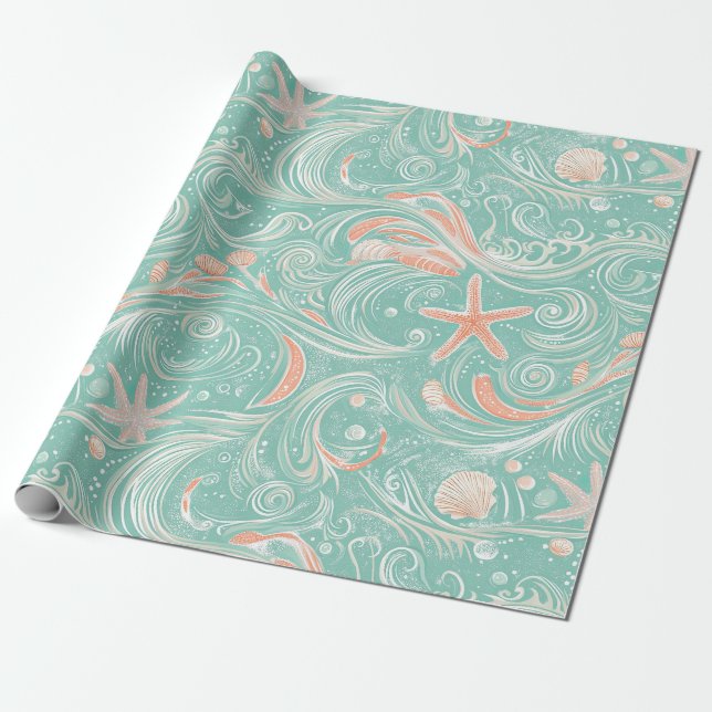 Papel De Presente Conchas e Ondas do Oceano Padrão (4) (Desenrolado)
