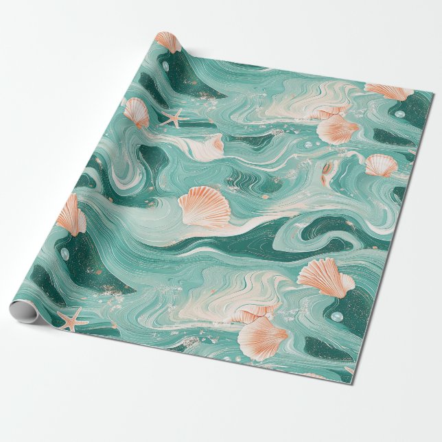 Papel De Presente Conchas e Ondas do Oceano Padrão (6) (Desenrolado)
