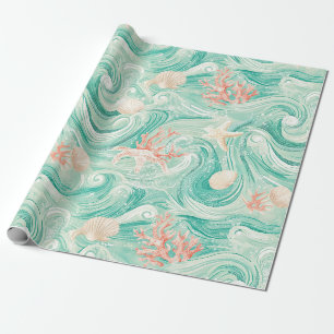 Papel De Presente Conchas e Ondas do Oceano Padrão (8)