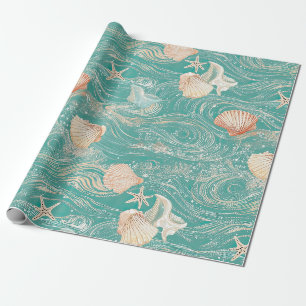Papel De Presente Conchas e Padrão de Ondas do Oceano (10)
