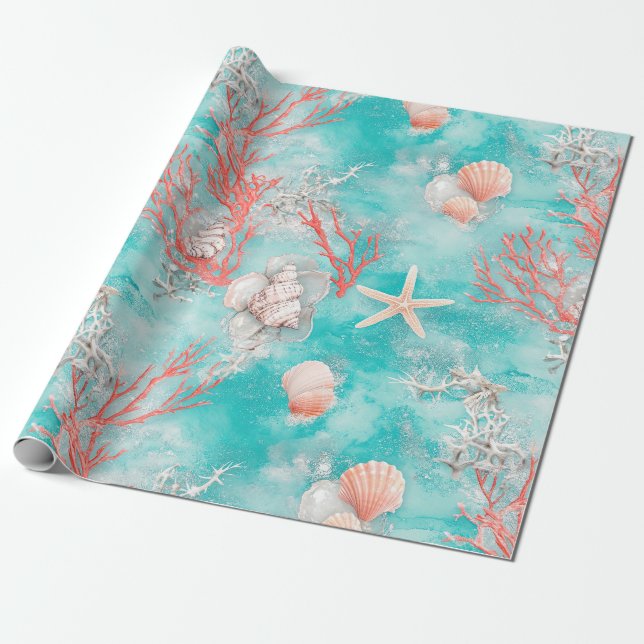 Papel De Presente Conchas e Padrão de Ondas do Oceano (15) (Desenrolado)