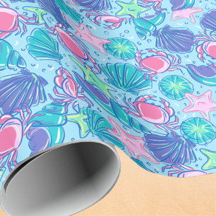 Papel De Presente Conchas Marinhas Água-Viva Caranguejo Rosa Préppy