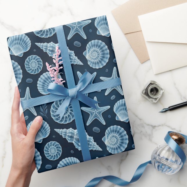 Papel De Presente Conchas Marinhas Estrela-do-Mar Azul e Branco  (Presentear)