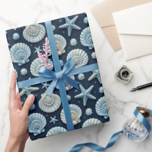 Papel De Presente Conchas Marinhas Estrela-do-Mar Azul e Branco