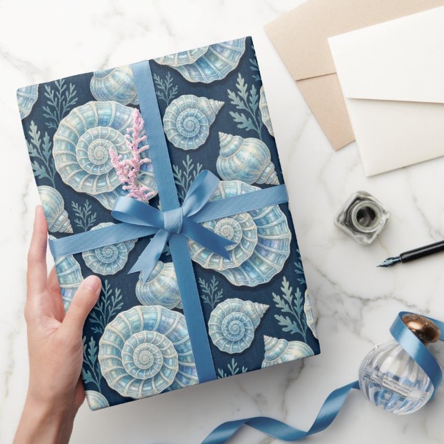 Papel De Presente Conchas Marinhas Estrela-do-Mar Azul e Branco  (Presentear)