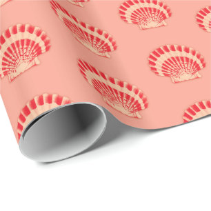 Papel De Presente Conchas marítimas - coral e pêssego