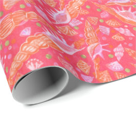 Papel De Presente Conchas marítimas Moluscos Padrão Náutico Vermelho