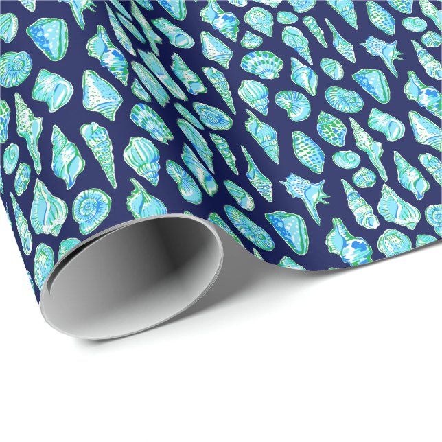 Papel De Presente Conchas Preppy em Fundo Azul Marinho (Ponta do rolo)