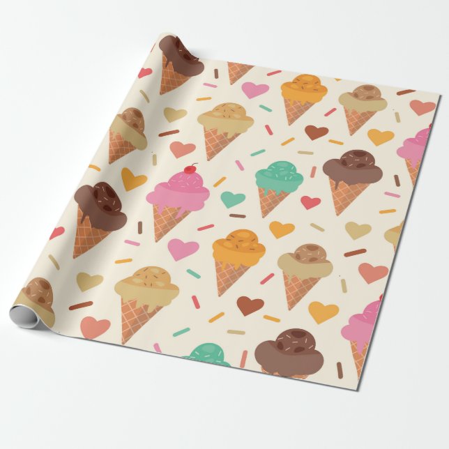 Papel De Presente Cone De Creme Com Corações (Desenrolado)