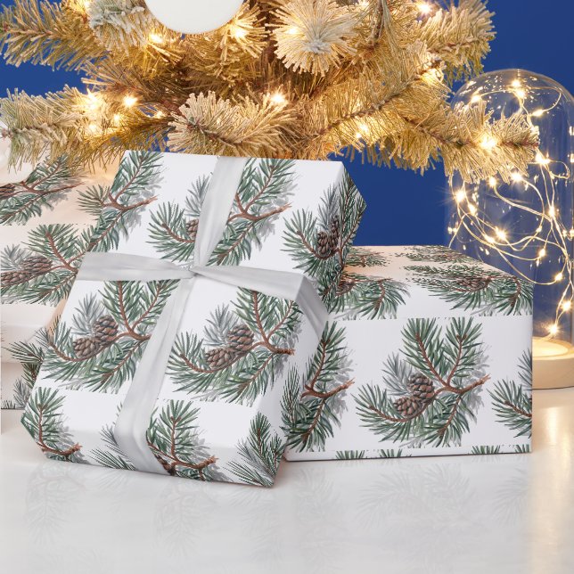 Papel De Presente Cones de pinheiro e ramos Natal alegre moderno     (Feriados)