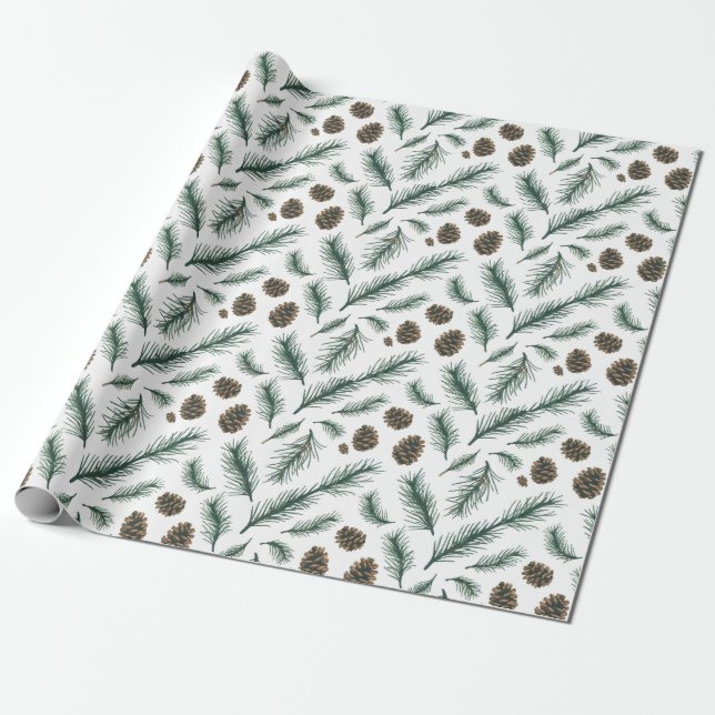 Papel De Presente Cones de pinheiro e ramos Natal alegre moderno     (Desenrolado)