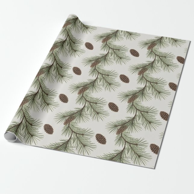 Papel De Presente Cones de pinheiro e ramos Natal alegre moderno     (Desenrolado)