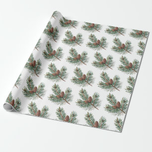 Papel De Presente Cones de pinheiro e ramos Natal alegre moderno