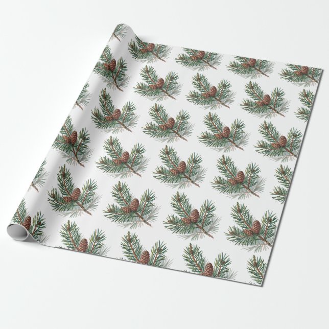 Papel De Presente Cones de pinheiro e ramos Natal alegre moderno     (Desenrolado)