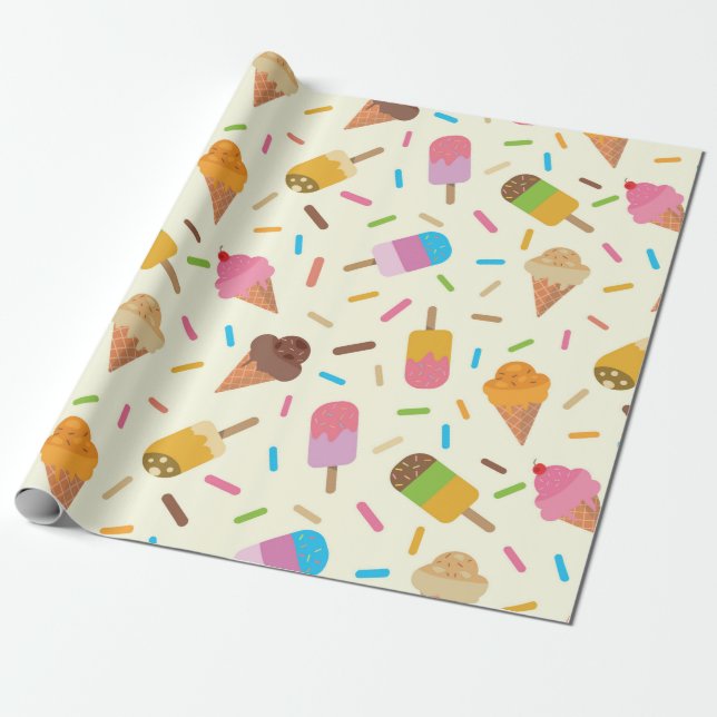 Papel De Presente Cones de Sorvete e Picolés com Confeitos  (Desenrolado)