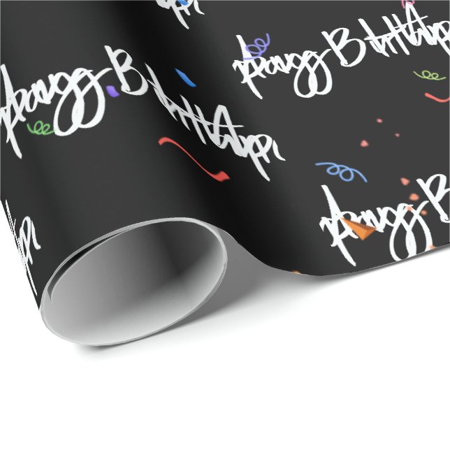 Papel De Presente Confete de Aniversário Feliz no Preto (Ponta do rolo)