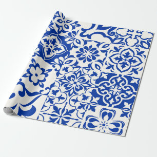 Papel De Presente Conjunto de 16 azulejos Azulejos em azul, branco.