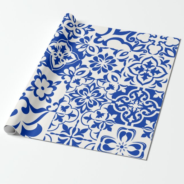 Papel De Presente Conjunto de 16 azulejos Azulejos em azul, branco.  (Desenrolado)