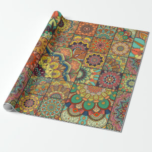 Papel De Presente Conjunto de azulejos Boho e padrão perfeito. Sist