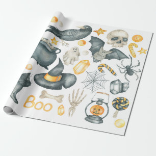 Papel De Presente Conjunto de Halloween: morcego, gato preto, aranha