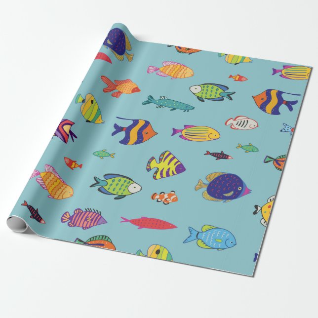 Papel De Presente Conjunto de peixes tropicais. padrão de linha sem  (Desenrolado)