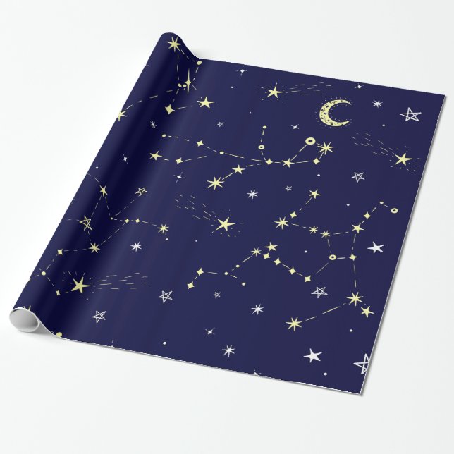 Papel De Presente constelação de estrelas da lua celeste azul (Desenrolado)