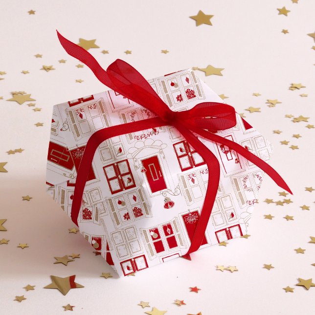 Papel De Presente Contemporânea Natal Décor (A fun gift wrap featuring decorated doors and windows seen from the in- and outside in red and beige)