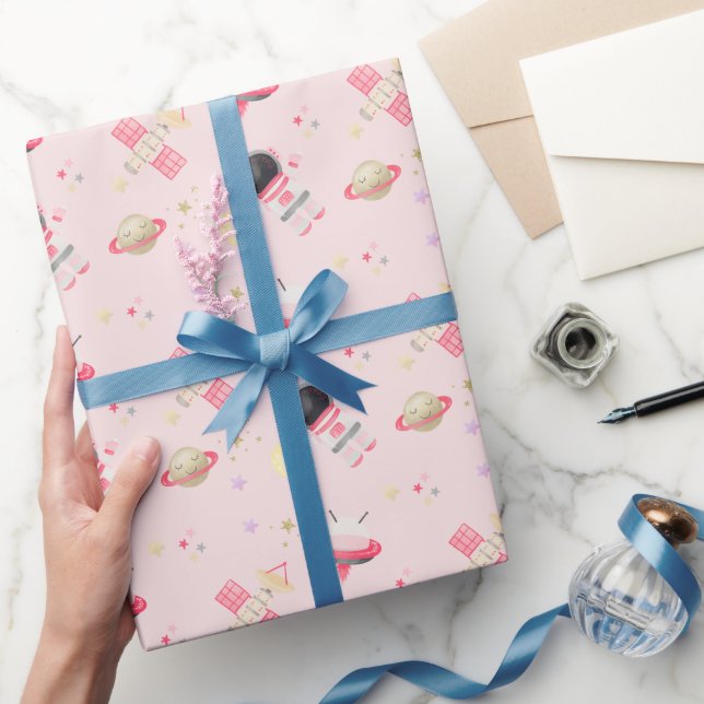 Papel De Presente Convite de Astronauta Rosa para Astronautas (Presentear)