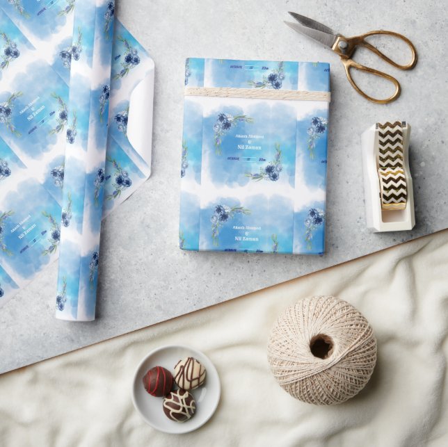 Papel De Presente Convite de Casamento Floral Azul Elegante (Artesanato)