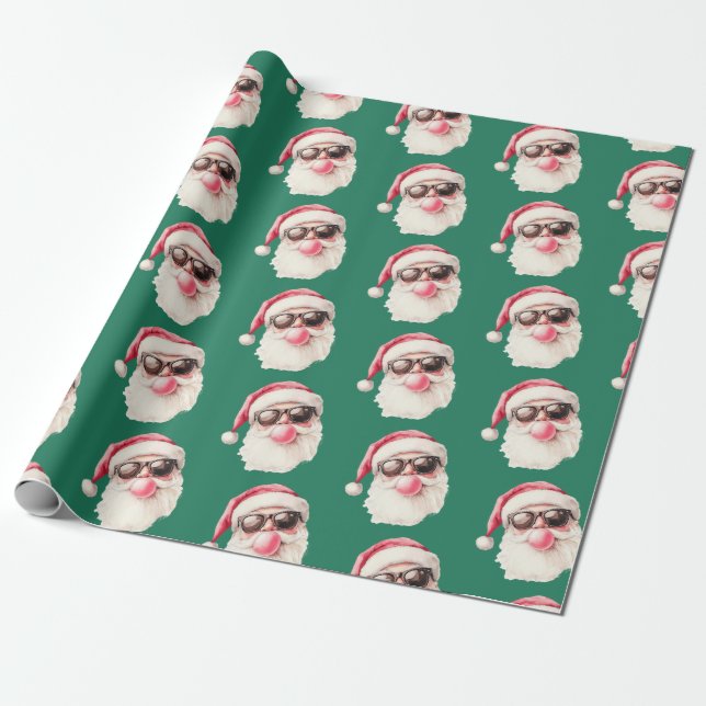 Papel De Presente Cool Santa Bubble Gum Sunglasses Christmas Green (Desenrolado)