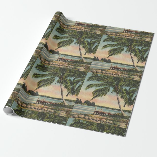 Papel De Presente Coqueiro Antigo Brisa Tropical Pôr do Sol (Desenrolado)