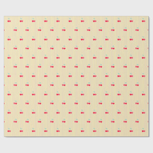 Papel De Presente Coquete Retro Cerejas Vermelhas e Listras Finas Po